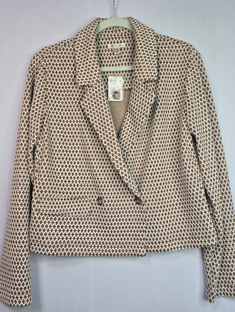 VERSONA Size M Tan&White Women's Lightweight Crop Blazer, Soft Drapey Fabric NWT